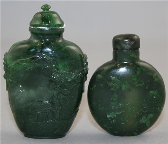 Two Chinese spinach green jade snuff bottles, 1800-1940, Richards no.s 238 and 408